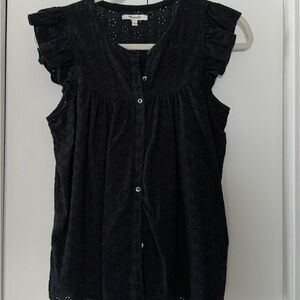 Madewell Black Eyelet Ruffle-Sleeve Button Front Blouse
